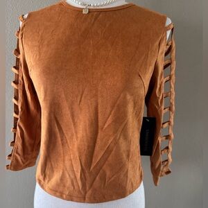 Burnt Orange Ladder Faux Suede Sleeve Top
